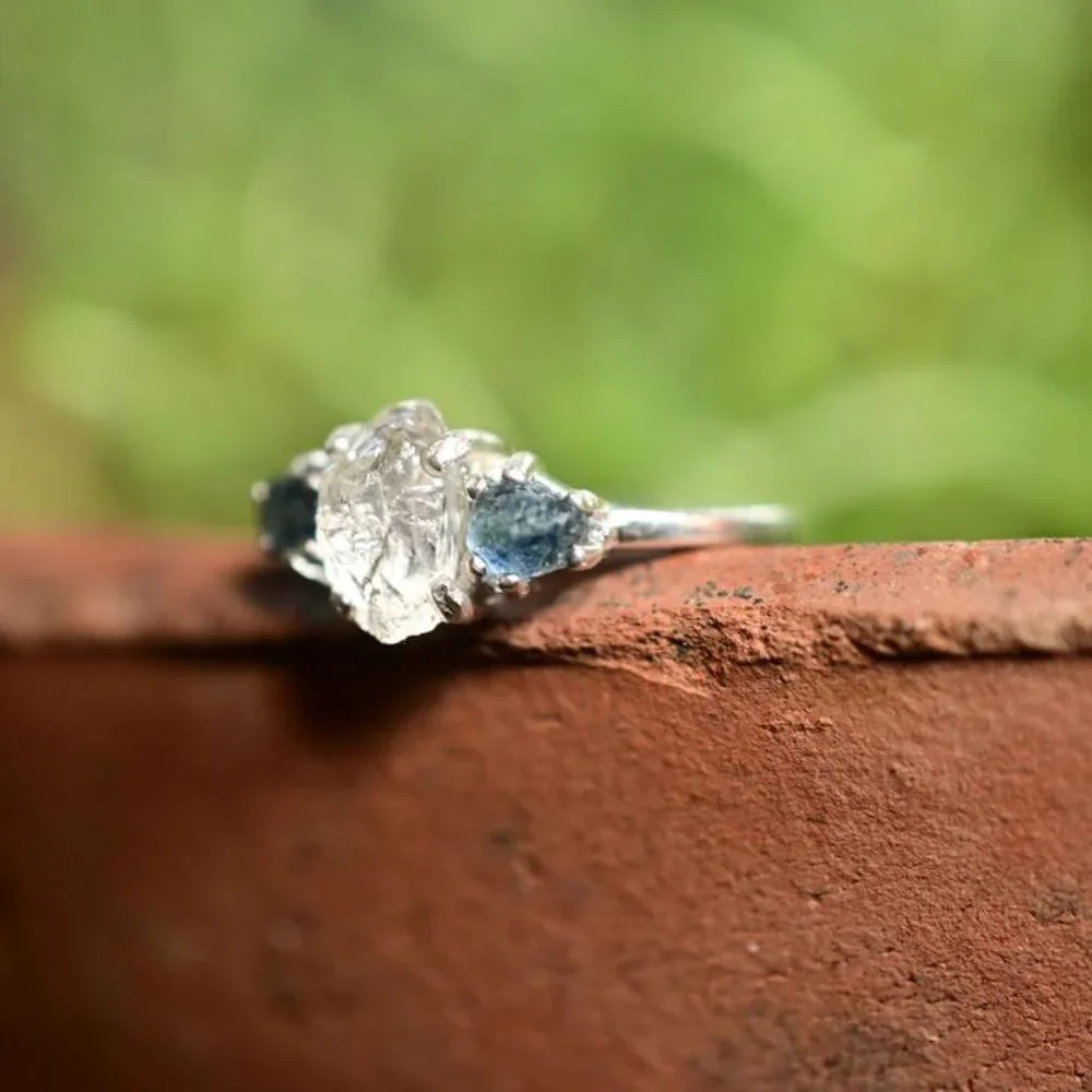 Raw Sapphire and lake county diamond ring silver